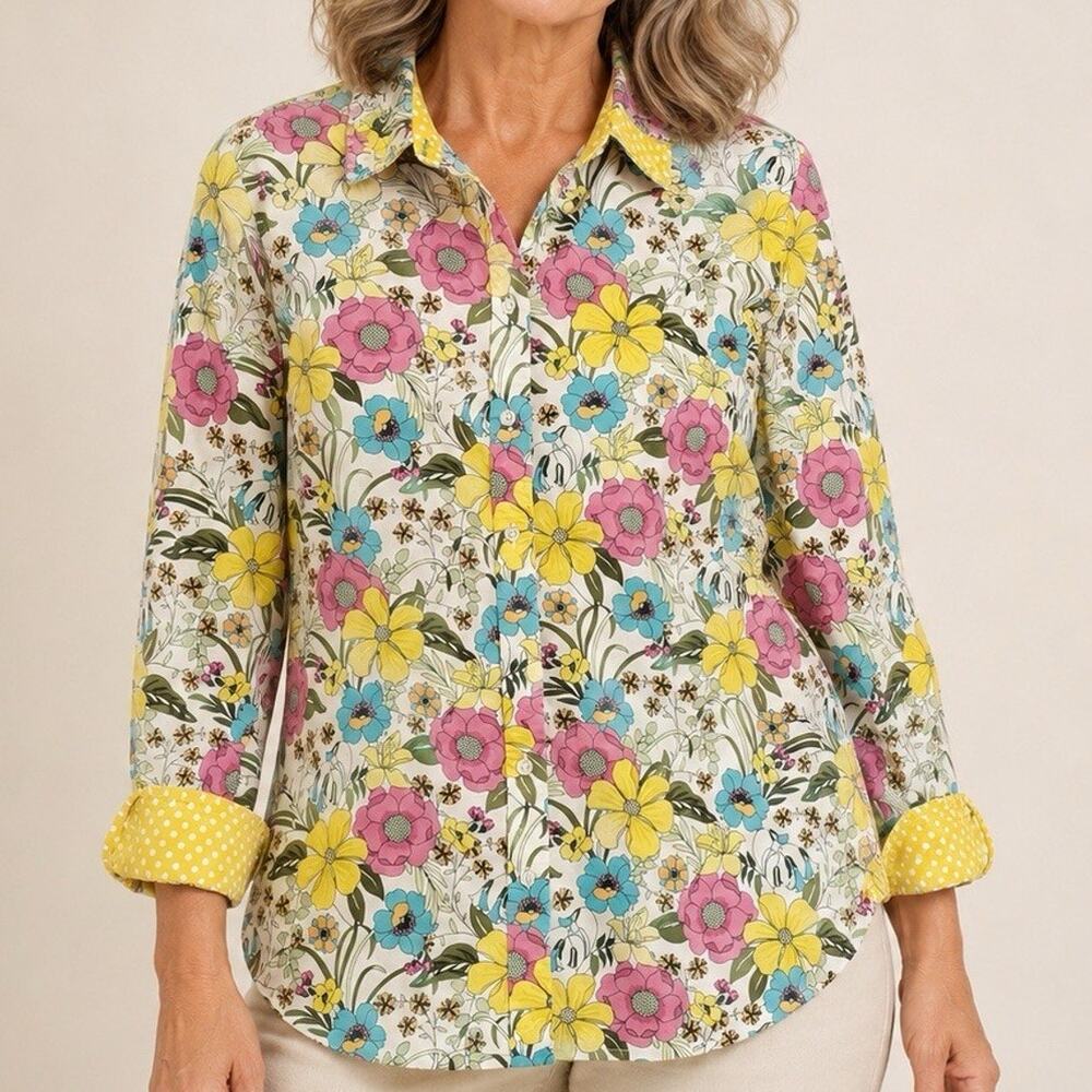 Talbots Button Up Shirt Medium Yellow Floral Flip Cuff Long Sleeve Cotton